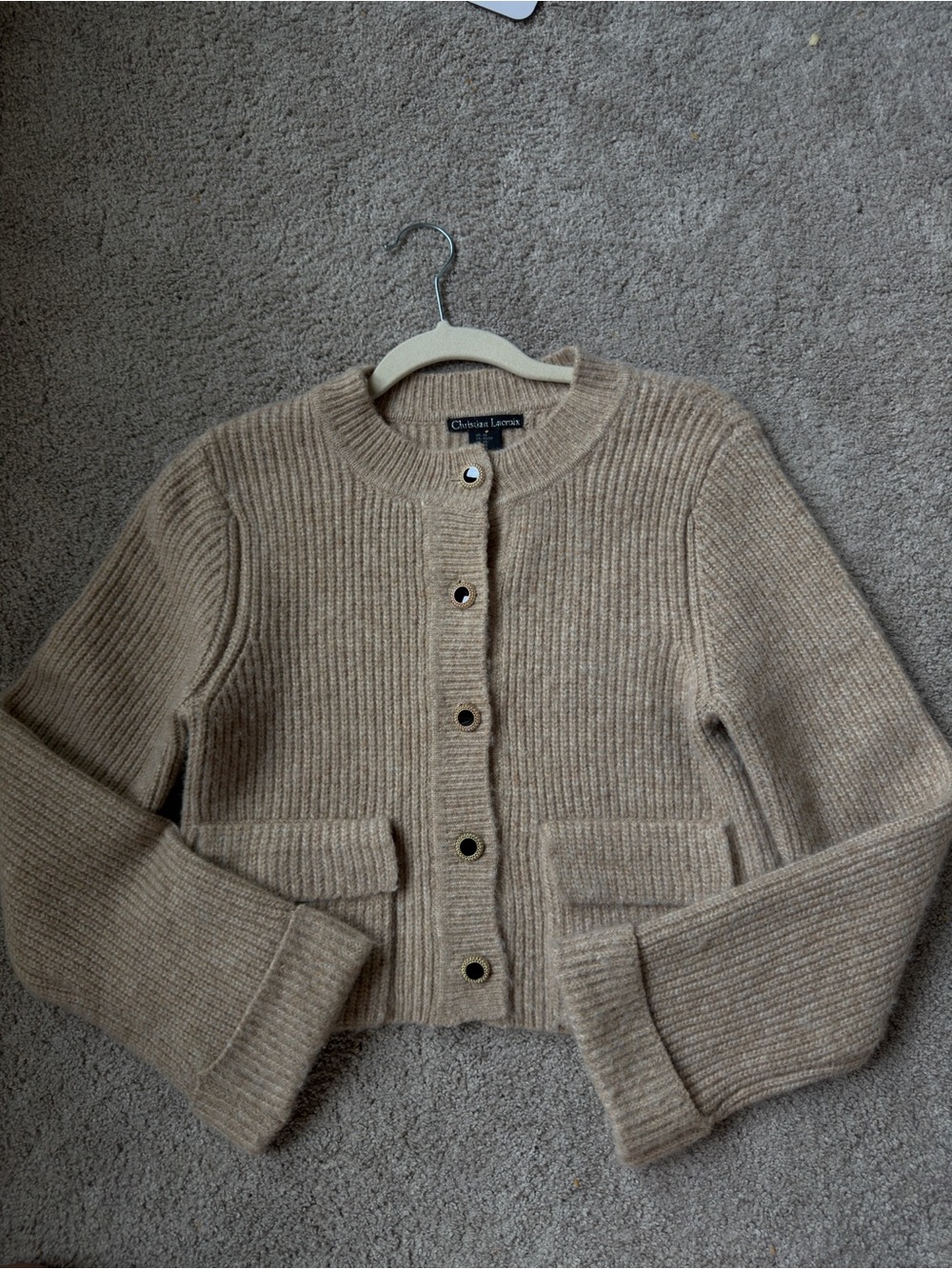 Christian Lacroix Beige Cropped Ribbed Knit Cardigan